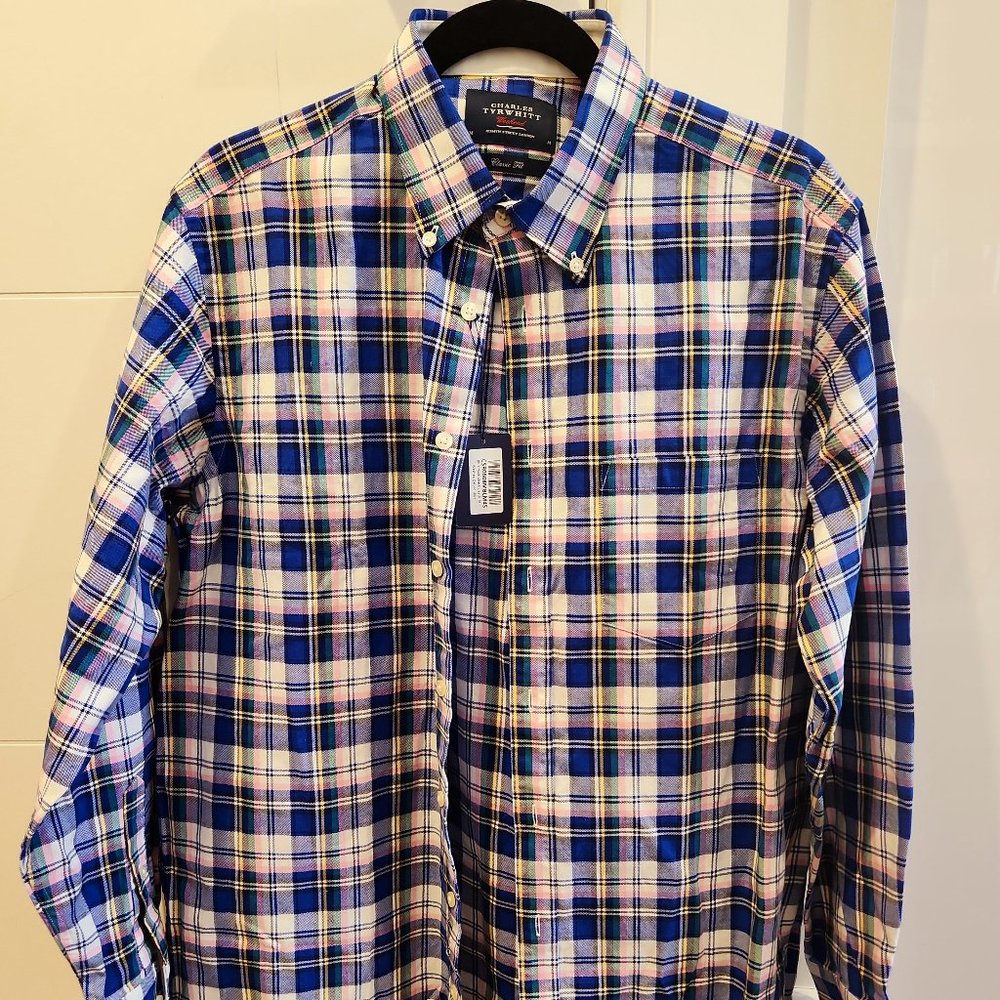 Charles Tyrwhitt Blue MultiCheck Classic Fit Washed Oxford Shirt Medium
